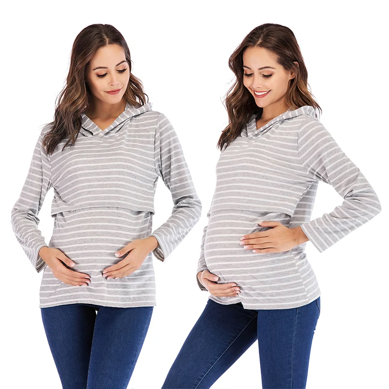 Для беременных женщин в полоску с капюшоном свободная футболка с длинным рукавом для грудного вскармливания размера плюс одежда для беременных повседневные топы для беременных