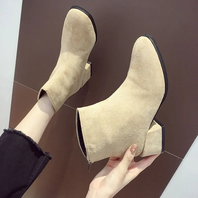 

Shoes Low Heels booties Women's Short Boot Bootee Woman 2019 Back Zip Chelsea Autumn Boots Round Toe Lace Up Zipper Booties
