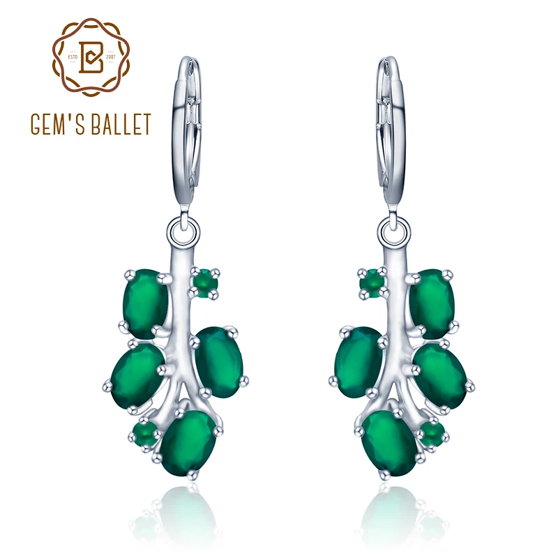 Женские Балетные сережки GEM'S натуральный зеленый агат камень серебро 925 пробы