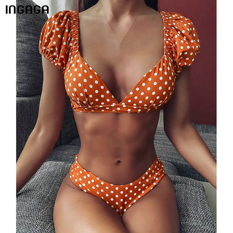 INGAGA 2020 Bikinis Mujer Short Sleeve Swimsuit Female Dot Printing Swimwear Women Summer Beach Biquini Top Wrap Bathing Suit INGAGA 2020 Bikinis Mujer Short Sleeve Swimsuit Female Dot Printing Swimwear Women Summer Beach Biquini Top Wrap Bathing Suit