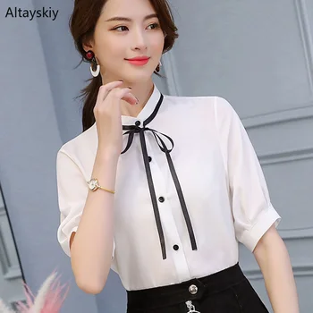 

Shirts Women Spring Summer High Quality Sofft Solid Elegant Bow Button Stand Casual Chiffon Womens Blouses Work Wear Soft