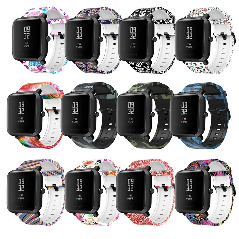 

Ремешок для часов Amazfit Bip, камуфляжный Силиконовый браслет с разнообразным цветочным принтом, 20 мм, для Xiaomi Huami Amazfit