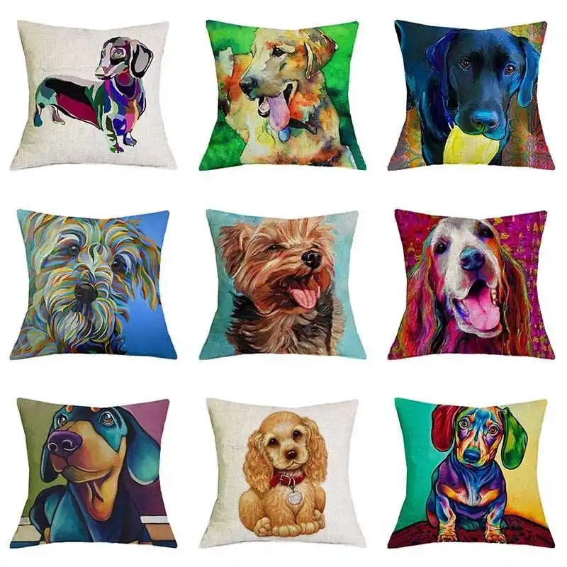 Cute Pet Dog Schnauzer Dachshund Cushion Cover Cotton Linen Colorful Oil Printed Throw Pillow Case 45*45 CM For Home Sofa Decor | Дом и сад