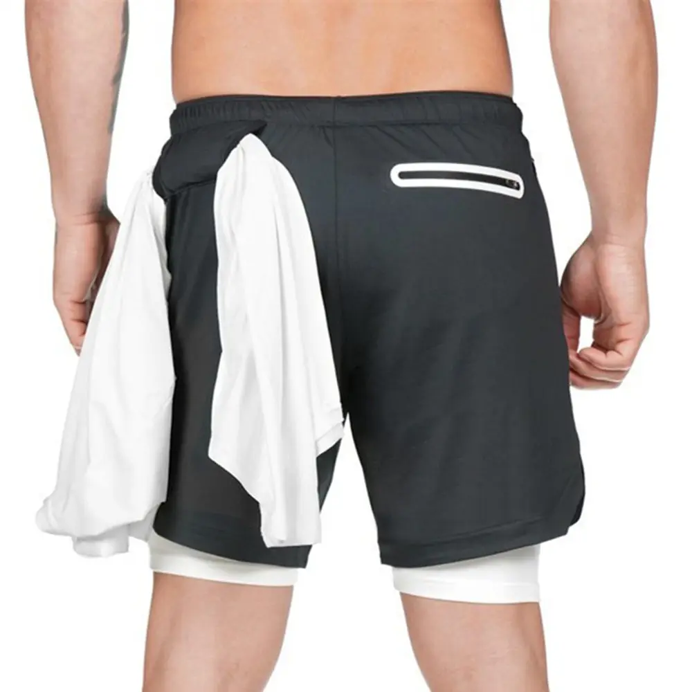 

2020 new Jogger Sweatpants Men Double layer 2 in 1 Short Pants Gyms Fitness Built-in pocket Bermuda Quick Dry Beach Shorts Male