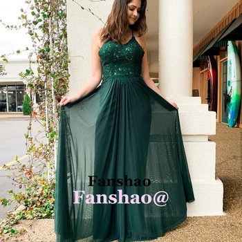 

Green Spaghetti Straps Pleat V Neck Aline Prom Lace Applique Evening Dresses Robe De Soiree Women Formal Evening Gown