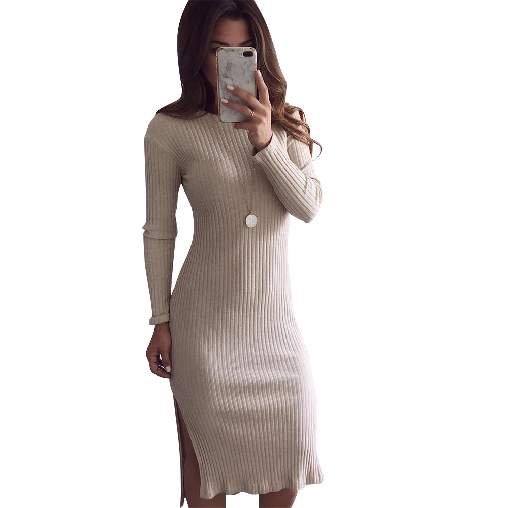 

Women's Autumn And Winter Fashion Round Collar Slim Irregular Sexy Slit Long Sleeve Dress Solid Color Ladies' Beautiful Dresses