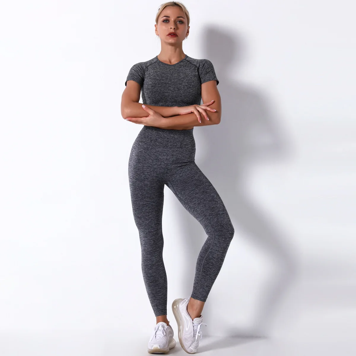 Women Seamless Sets Gray Shorts Running Yoga Suits Sportswear High