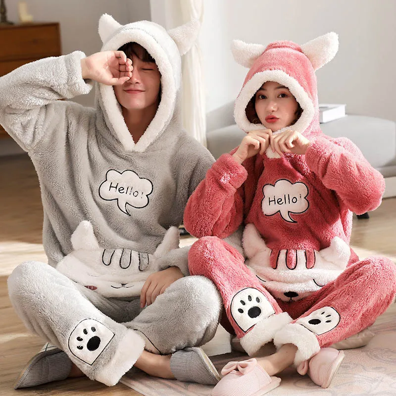 New Winter Couple Pajamas Warm Thickening Women Pajamas Set Hooded Home Wear Female Sleepwear Long Sleeve Pyjamas Suit - Цвет: Hello Dear