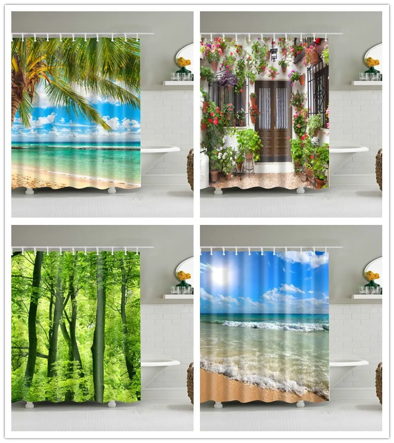 Shower Curtains Washable Beach Scene 120x180 3D Digital Landscape Printed Waterproof Bathroom Bath Curtain Polyester Fabric waterproof curtains