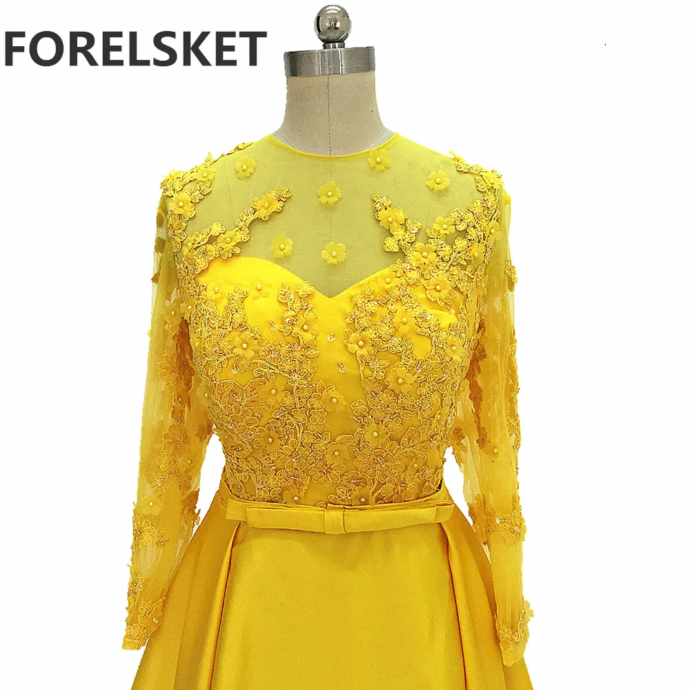 

Lace Appliques A Line Yellow Satin Prom Dresses 2020 Long Sleeves Ceremony Dresses Beading 3d Flowers Formal Evening Party Gowns