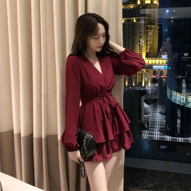 

Autumn New Style WOMEN'S Dress Loose-Fit High-waisted Cross V-neck Long Sleeve Bandage Cloth Dress Solid Color Slimming A- line