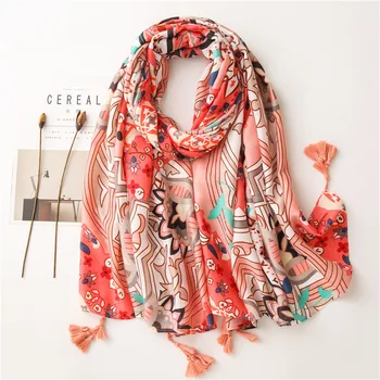 

KYQIAO Boho scarf women winter hijab scarf female autumn Spain style bohemian long pink printed head scarf foulard femme