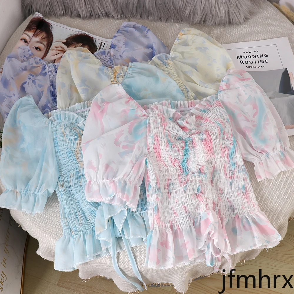 

2020 Korean Version of The Floral Word Collar Ruffled Puff Sleeve Shirt New Sweet Off-the-shoulder Short Top Jfmhrx Blouse Women