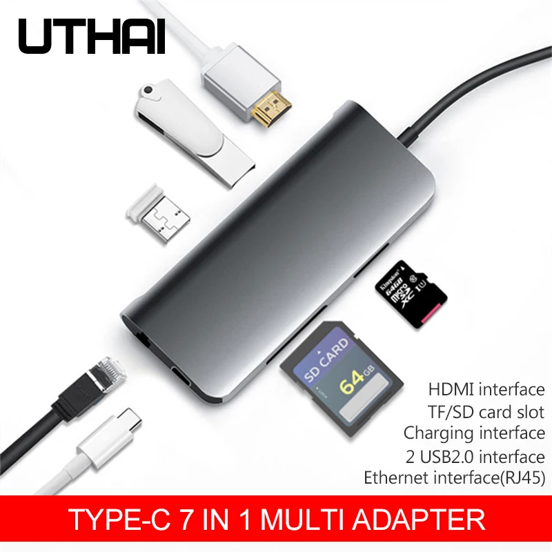 

UTHAI C44 Type-C USB3.0 Multi Adapter HUB USB-C to HDMI 4K SD TF Card reader RJ45 Ethernet Converter For MacBook Pd Charging