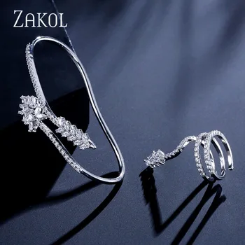 

ZAKOL Trendy Cubic Zirconia Marquise Cut Flowers Simple Ring Palm Bracelet for Women Webbing Dinner Birthday Jewelry FSBP2502