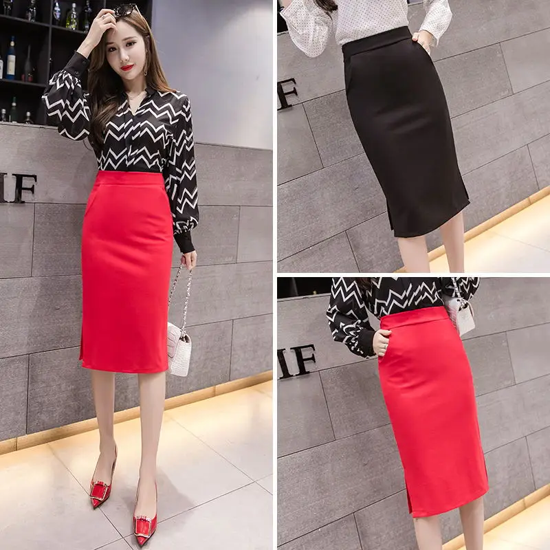S-5XL Plus Size New Fashion Elegant Women's Midi Pockets Skirt Slim OL Sexy Open Slit Pencil Skirt Knee-Length Office Lady Skirt