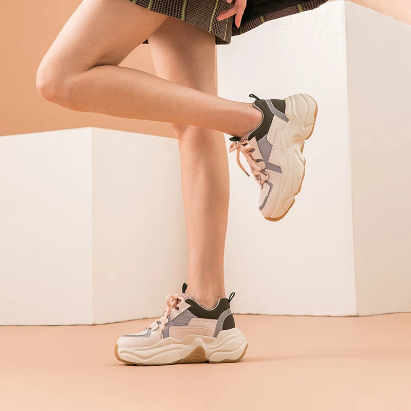 BeauToday/женские массивные кроссовки из натуральной коровьей кожи с перекрестной шнуровкой; модная обувь на танкетке в стиле ретро; смешанные цвета; ручная работа; 29324