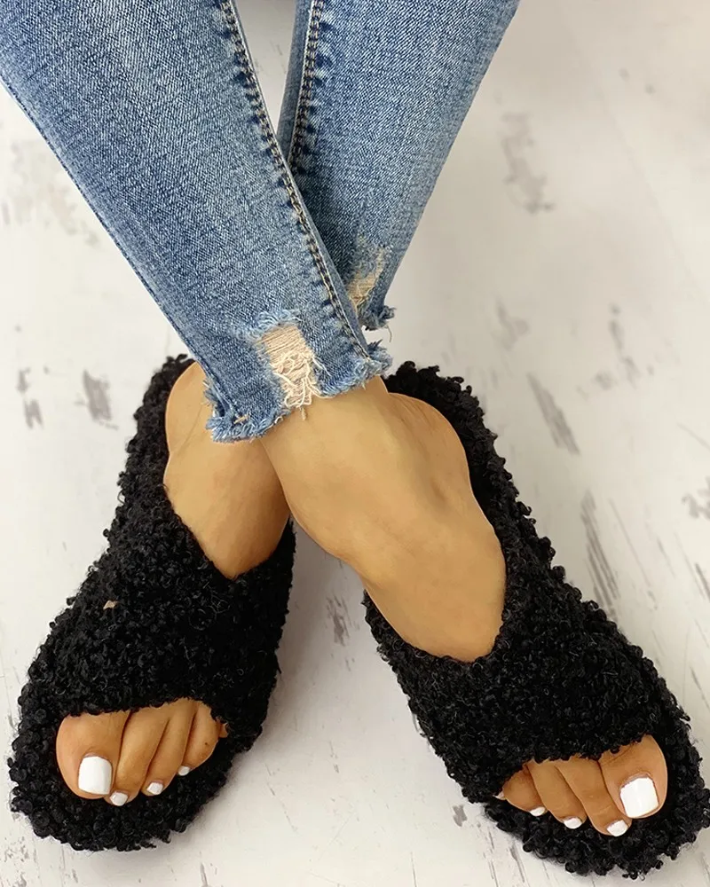 

Women Fur Fluffy Sliders 2020 Fashion Indoor Open Toe Winter Slipper Warm Slip On Home Slipper Indoor Plush Flat Shoes 37-41 New