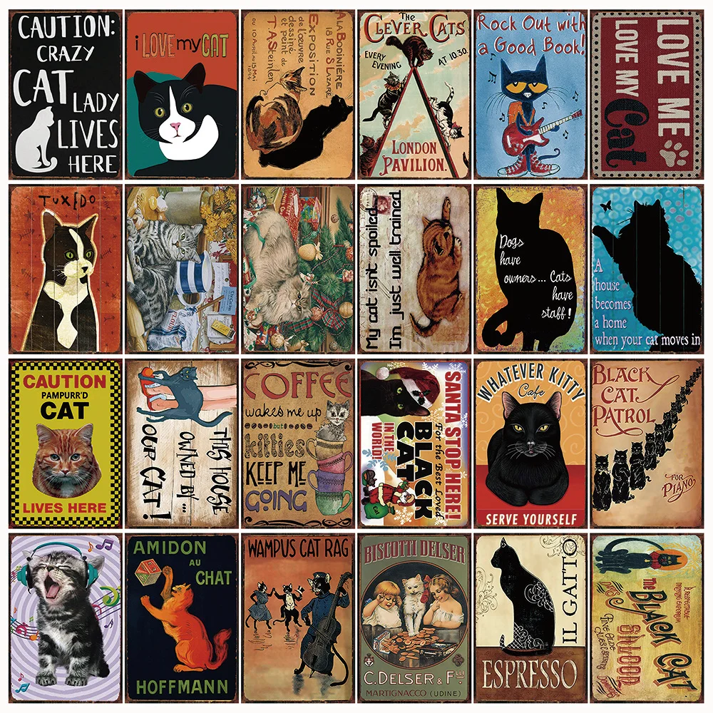 Cute Cat Metal Tin Signs Cartoon Pet Art Printing Plat Poster Wall Crafts Gym Stickers Plaque Plate Club Classical Retro | Дом и сад
