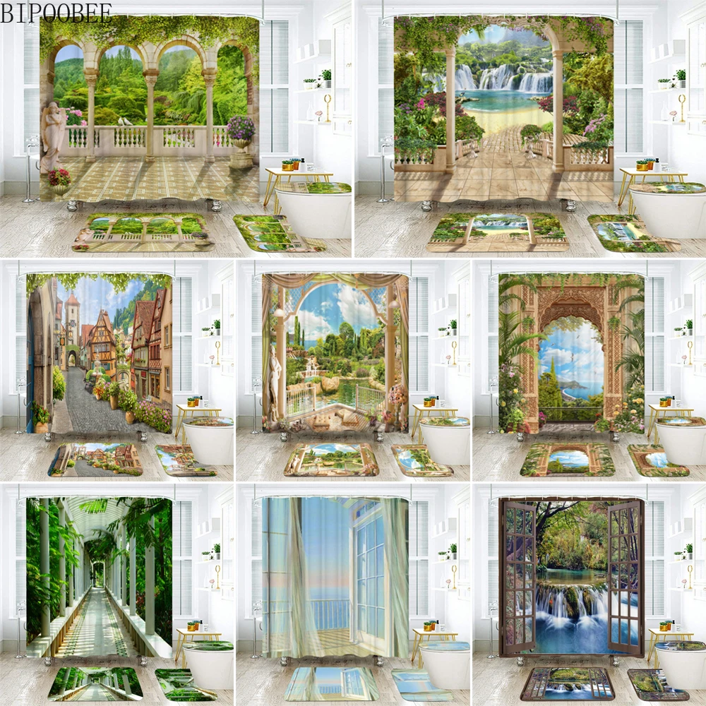 

Patio Street Landscape Shower Curtains Waterproof Fabric Bathroom Curtain Flannel Toilet Lid Cover Non-Slip Carpet Bath Mat Rugs