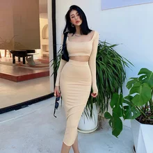 Aliexpress - WOMENGAGA Women co ord Square Neck Long Sleeves Crop T-shirt & Slim Fit Midi Skirt Set Two Pieces L6SV