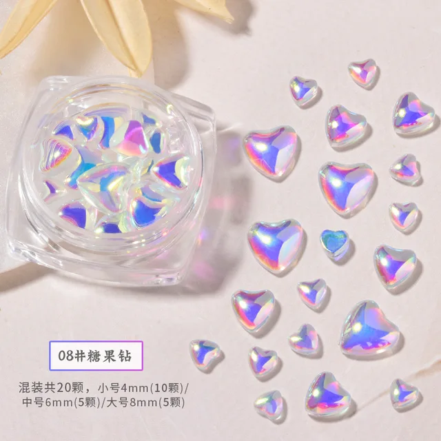 FlorVida 20pcs Sweet Heart Mermaid Rhinestone Beads Holographic Crystal Gems Stones For Nail Art Decorations Mix Size Box Kawaii 20pcs Heart 08
