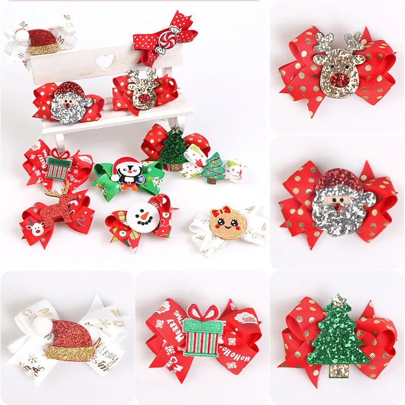 OPPOHERE/милые рождественские заколки для волос с бантами для девочек; стиль; блестящие заколки с лосем и Сантой красного цвета для детей; праздничные подарки