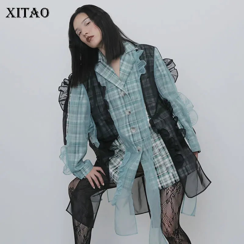 XITAO, сетчатый Блейзер, женский, ассиметричный, с рюшами, контрастный цвет, костюм, свободный, модный, Осень-зима, пальто для женщин, GCC2621