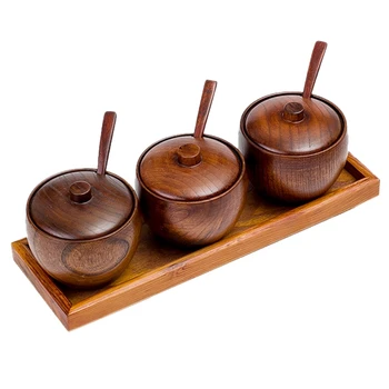 

Seasoning Box Set Creative Wooden Condiment Compartment Spice Jars Storage Box Container for Sugar Pepper Salt
