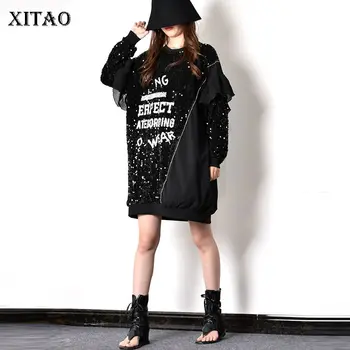 

XITAO Patchwork Sequins Letter Ruffles Mini Dress Women 2019 Autumn Fashion New Style Casual Straight O Neck Collar GCC2038