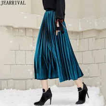 Осенне-зимняя женская длинная юбка с эластичной высокой талией, цвета металлик, серебряная юбка Mixi, винтажная Повседневная бархатная плиссированная юбка Saia Faldas