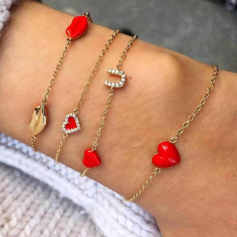 Tocona 4 шт./компл. золотой цепочкой красного и голубого цвета шарма сердца Браслеты для Для женщин Девушка милый романтический Браслеты набор ювелирных изделий Аксессуары 8315