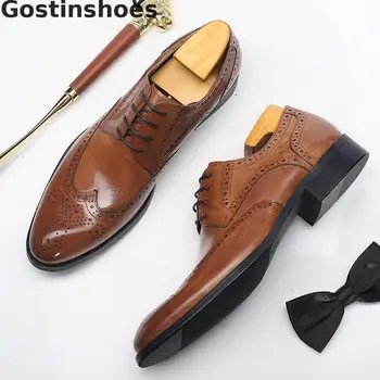 

Fashion Men Derby Brogue Shoes Genuine Leather Four Color Men Leather Shoes Lace-up Cut-out Wing Tip Breathable Men Dress Shoes