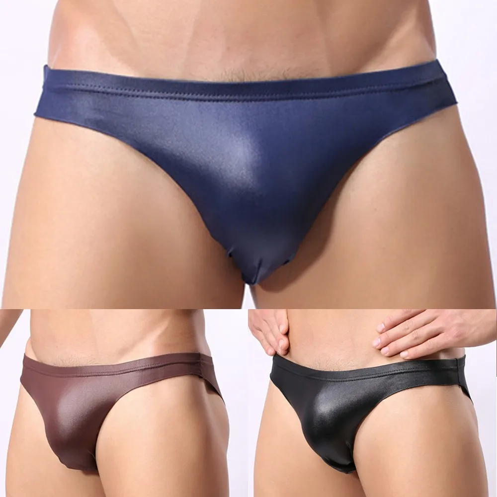 Sexy Men's Faux Leather Thong Low Wrist Underwear Mini Briefs Male Elastic Underpants Gay Sexy Lingerie Bikini Underpants Hot bonds briefs