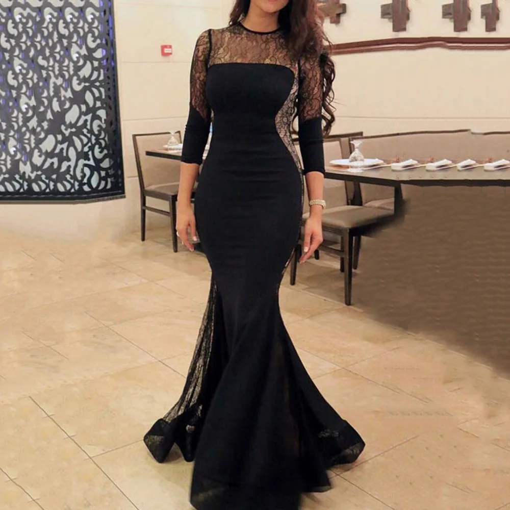 

Sexy Black Lace Evening Dress Elegant Partchwork Mermaid Long Formal Dress Women Evening Gown Vestidos De Fiesta De Noche