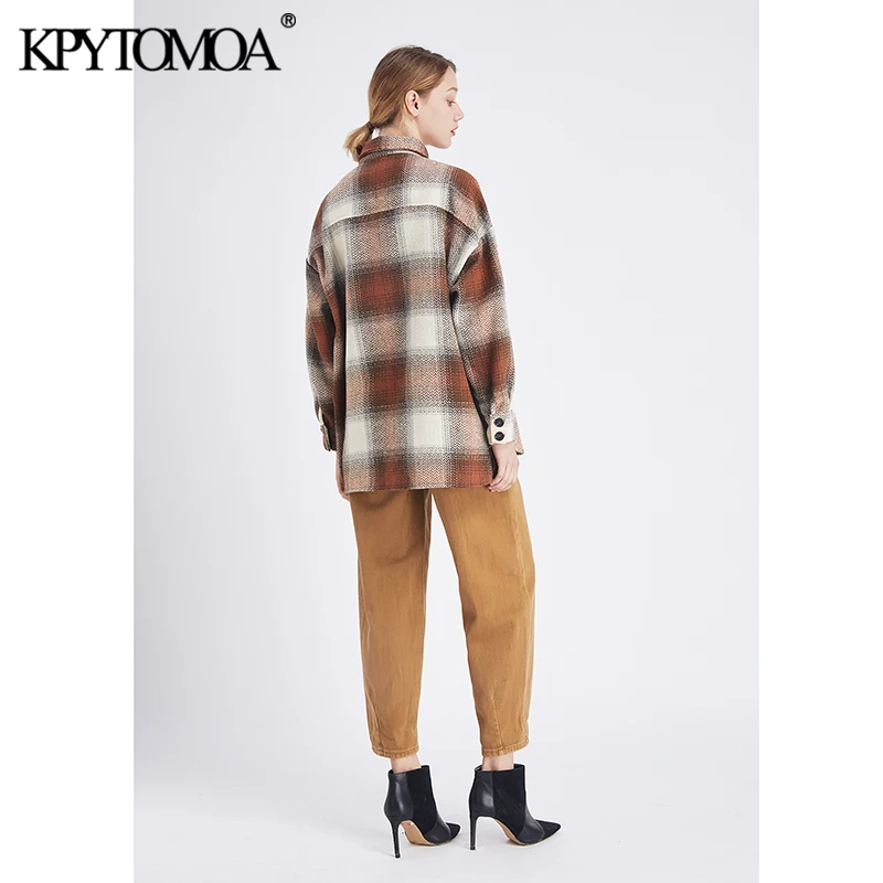 price cut Vintage Stylish Pockets Oversized Plaid Jacket Coat Women 2020 Fashion Lapel Collar Long Sleeve Loo