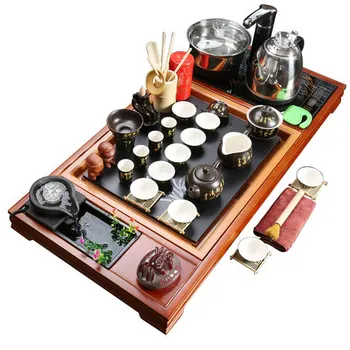 

Complete set of Ceramic Kung Fu Tea set Office Home Simple Tea table Automatic Electric Stove Solid Wood Tea Tray