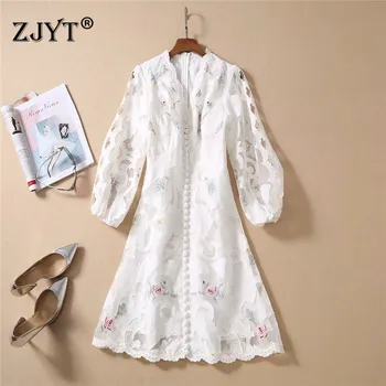 

2020 New Spring Fashion Runway Dress High Quality Women's Elegant Lantern Sleeve Floral Embroidery White Holiday Party Dresses