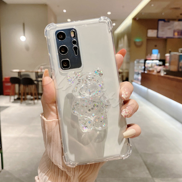Holder Clear Cover For Samsung Galaxy S22 S20 S21 FE Ultra S10E S10 Lite S9 S8 Plus S7 Edge Case Cartoon Bear TPU Silicone