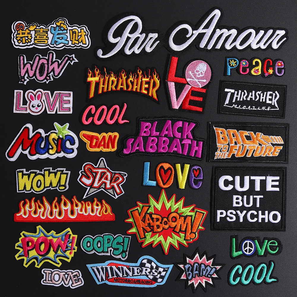 

High Quality Cool Love WOW Oops Letter Patches Iron On Cute Words Appliques for Clothes Coat Jeans Decor Punk Bikers Badges