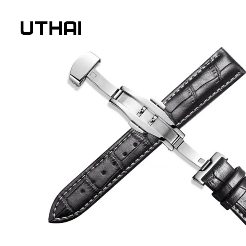 Black white line UTHAI Z09 Ремешки для наручных часов из натуральной кожи 12-24 мм Универсальные часы с бабочкой и пряжкой стальной ремешок с пряжкой браслет+ инструмент - Цвет ремешка: Black white line