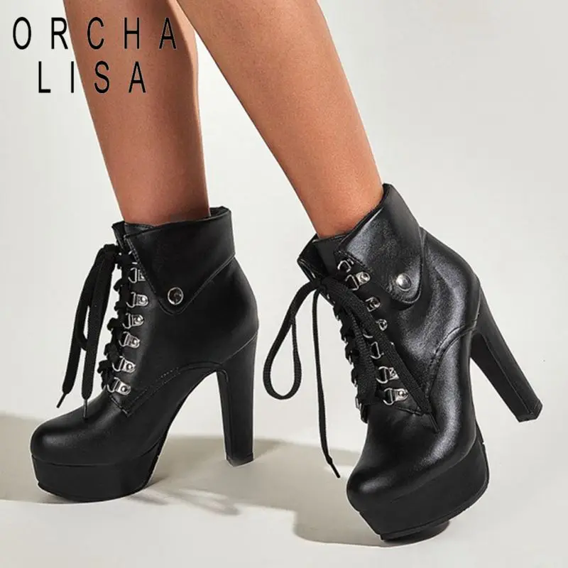 

ORCHALISA Women's Platform Ankle Boots Buckle Strap Chunky Heel Lace Up Round Toe Booties Black For Winter Spring botines mujer