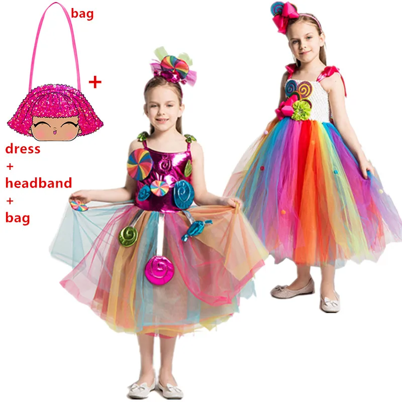 Halloween Costumes for kids Girls Rainbow Candy Dress Kids Lollipop Modeling Frock Summer Children Birthday Party Clothes+bag