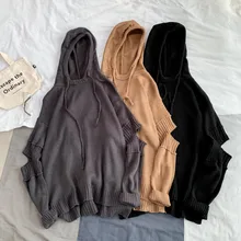 Autumn New Sweater Men Fashion Hole Hooded Sweaters Men Solid Color Casual Knit Sweter Loose Long-sleeved Pullover Man Clothes