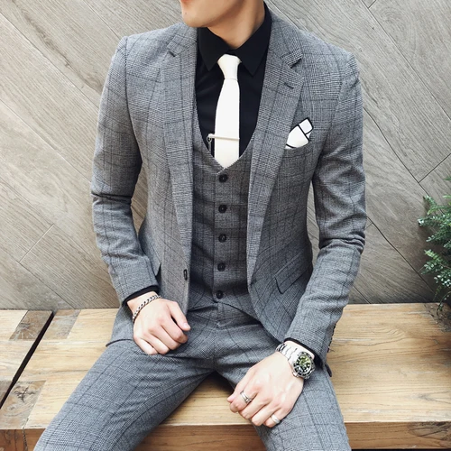 Британский стиль джентльмен красивый бизнес плед мода высокого качества саморазвитие Мужчины одной кнопки платье-пиджак - Цвет: gray