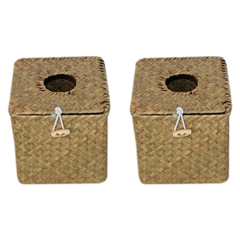 

2 Pack Square Seagrass Facial Tissue Box - Decorative Woven Paper Holder Napkin Dispenser - Straw Tissue Box Cover