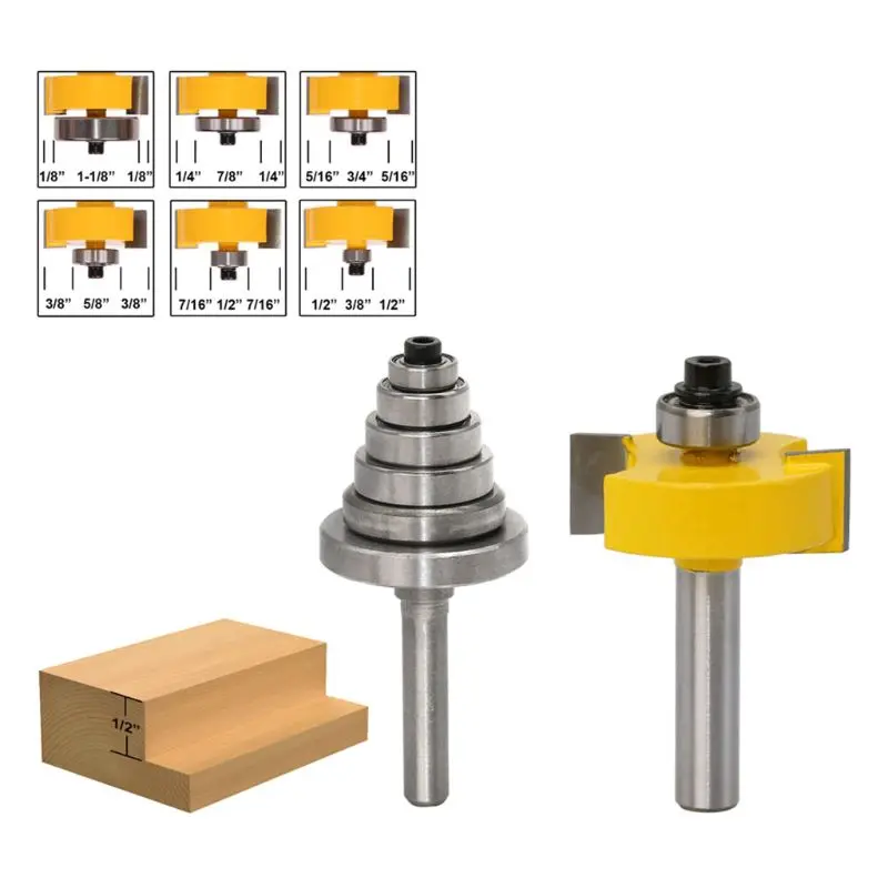 Rabbet Router Bit with 6 Bearings Set 1/2" 8MM Shank Woodworking Cutter Tenon Cutter for Wood Engraving Tools 649E