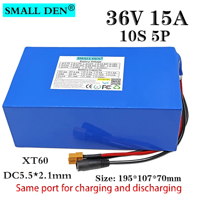 

36V 15Ah 18650 Lithium battery pack Electric Bike Refit battery 10S5P 1000W Scooter backup power Battery with 25A BMS+ XT60 plug