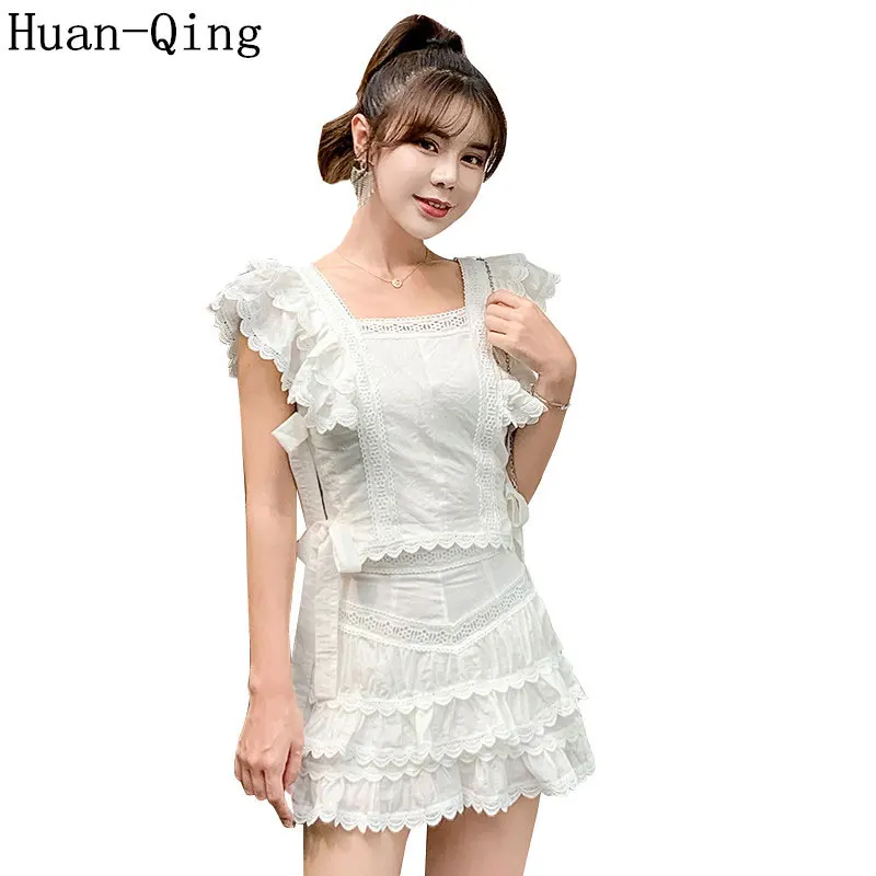 

Runway Summer 2 Piece Set Women's Sleeveless Lace Trims Ruffles White Blouse Crop Top + Layered Cake Shorts Two Piece Set Suit