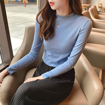 

Simple Versatile All-cotton T-shirt Women's 2020 New Style Long Sleeve Crew Neck Slim Fit Short Solid Color Autumn Tops 7811